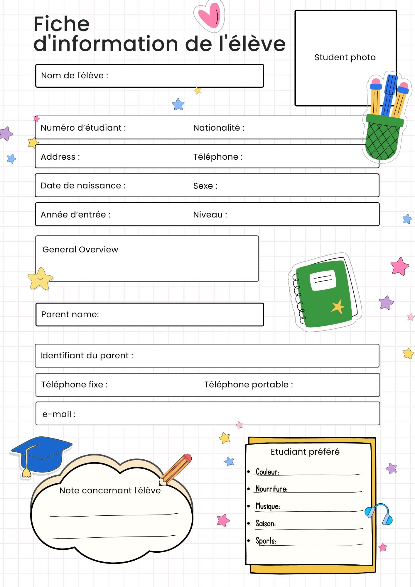 Fiche d’information de l’élève.